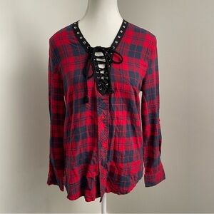 Vintage Y2K Grunge UK2LA Plaid Lace Up Closure Long Sleeve Top Red/Black Size S
